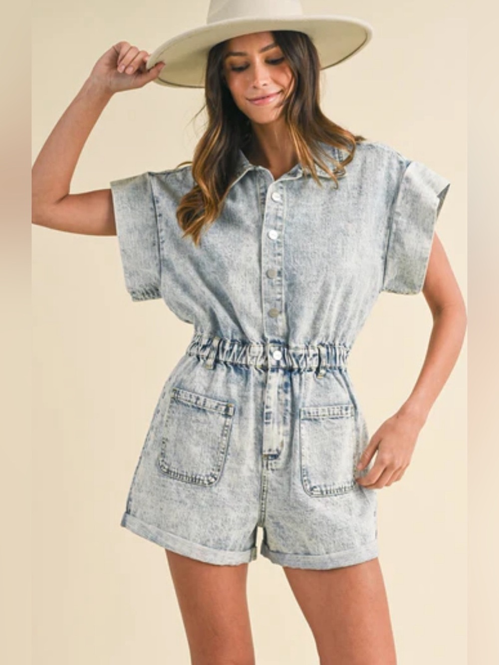 AnnieWear Snow Washed Romper in Light Denim Sz S